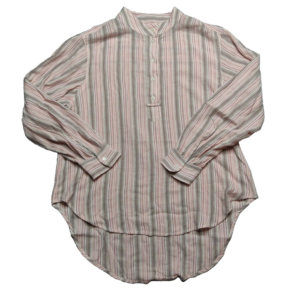 Lucky Brand Women Medium Pink Striped Nehru Band Collar 1/2 Button Peasant Shirt